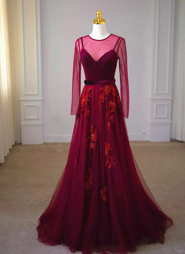 A-line Wine Red Velvet and Tulle Long Party Prom Dress